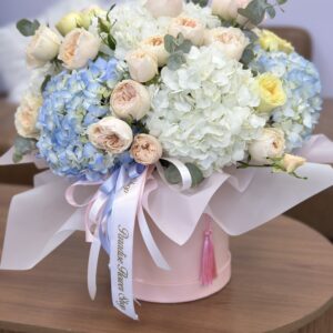 Hydrangeas and spray roses hat box